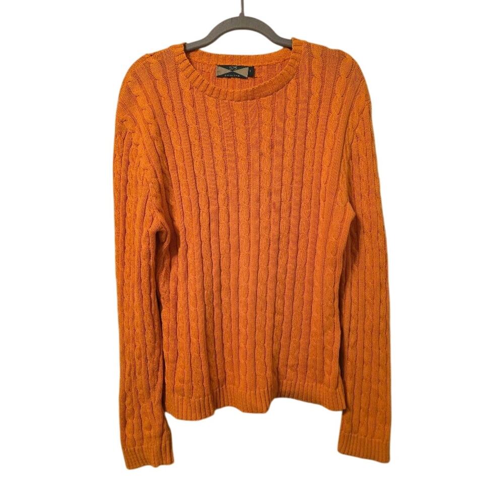 525 America Orange Cable Knit Cotton Sweater Large Made in USA